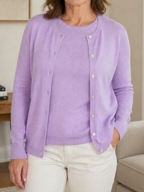 Lands’ End 100% Cashmere Twin Set Cardigan + Sweater Size L Soft Lavender
